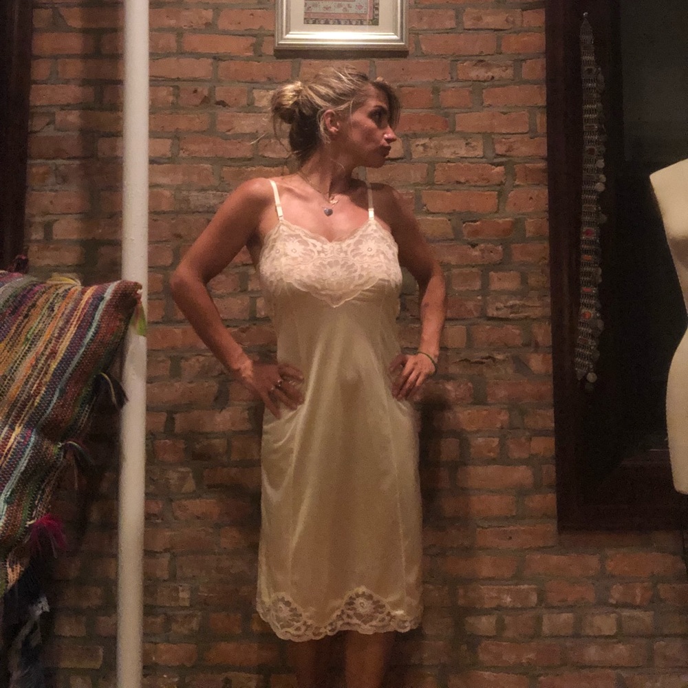 Vintage cream poly mid knee slip dress